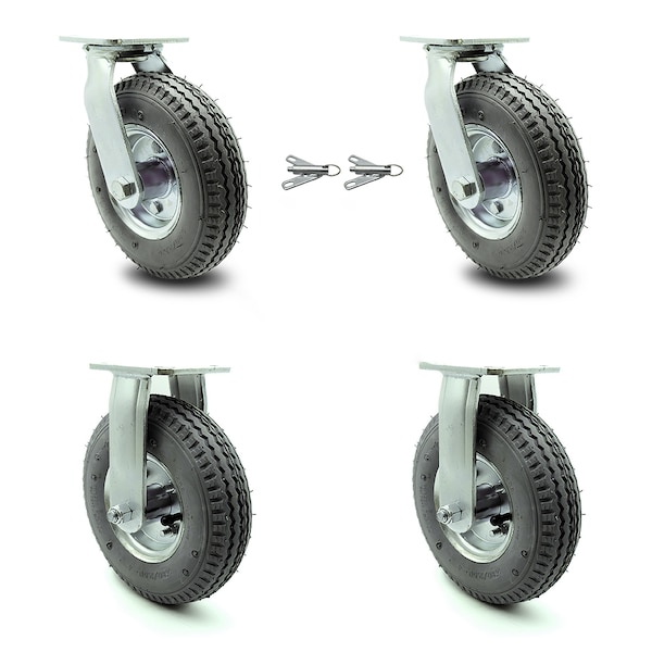8 Inch Gray Pneumatic Wheel Caster Swivel with Swivel Locks and 2 Rigid, 2PK